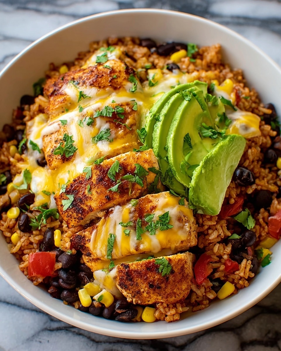 A white bowl filled with a base layer of seasoned rice mixed with black beans, corn kernels, and small chunks of red tomatoes. On top of this, there are three pieces of grilled chicken breast with melted yellow and white cheese drizzled over them. The chicken is garnished with some chopped green cilantro. Sitting on the cheese are a few slices of fresh green avocado, adding a smooth texture and bright color contrast. The bowl sits on a white marbled surface. Photo taken with an iphone --ar 4:5 --v 7