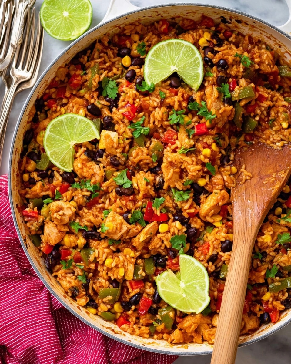 A close-up of a large white pan filled with a colorful mix of cooked rice, chopped red and green bell peppers, black beans, corn kernels, and chunks of chicken, all coated in a rich, orange-brown sauce. Scattered fresh green cilantro adds small bursts of color on top, along with three lime slices placed evenly on the surface. A wooden spoon with visible grain texture rests inside the pan, stirring the mixture. The pan sits on a white marbled surface, next to a red and white striped cloth and a set of silver forks. photo taken with an iphone --ar 4:5 --v 7