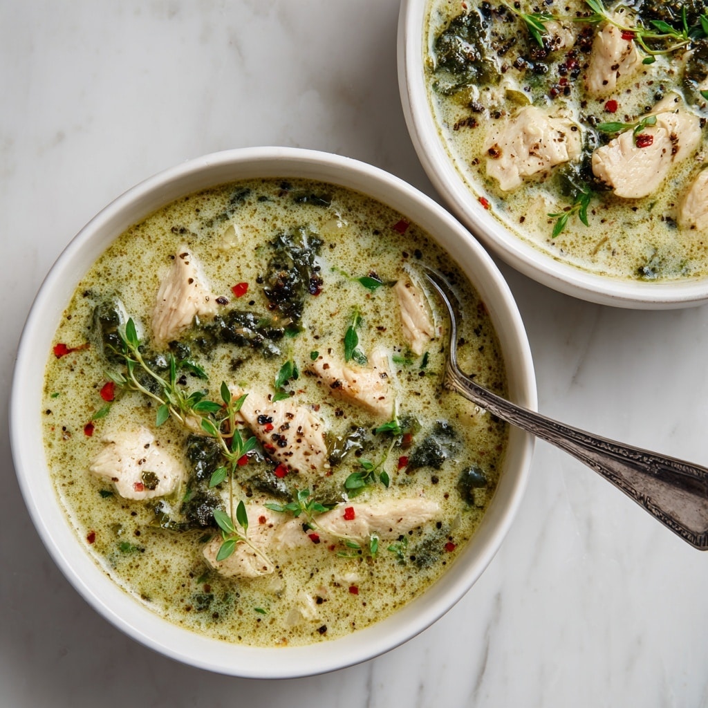 A large white pot filled with a creamy yellow soup that has small green herbs scattered throughout. In the center, there is a pile of white shredded chicken, sprinkled with black pepper and small red chili flakes. Fresh green cilantro leaves are spread over the chicken and soup, adding a contrasting color. A black mixing spoon is partially dipped in the soup near the chicken. The pot is placed on a white marbled surface. photo taken with an iphone --ar 4:5 --v 7
