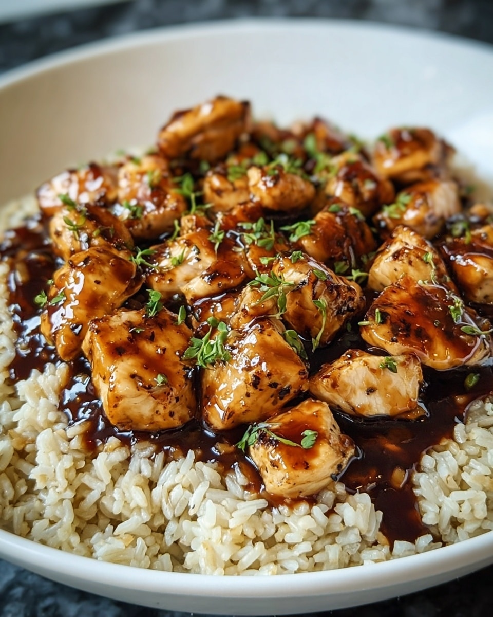 The image shows a close-up of a dish with two layers: the bottom layer is light brown cooked rice with a soft texture, filling the whole plate, and the top layer consists of many small pieces of grilled chicken covered in a shiny, dark brown sauce, with some small green herbs sprinkled on top for garnish. The dish is served in a white plate with a smooth rim, placed on a white marbled surface. photo taken with an iphone --ar 4:5 --v 7