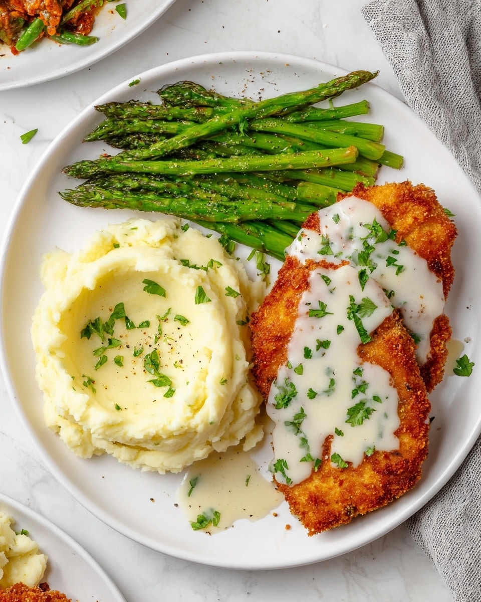 Three golden-brown breaded cutlets are arranged close to each other in a round white pan. Each cutlet is topped with a creamy white sauce that spreads unevenly, showing the crisp texture beneath. Small green herbs are sprinkled over the sauce, adding a touch of color. Two bright yellow lemon halves rest on the top and bottom edges of the cutlets, with their segmented texture clearly visible. The edges of the pan have a slightly browned area, indicating cooking. The photo has a clean, bright look and is set on a white marbled surface. photo taken with an iphone --ar 4:5 --v 7