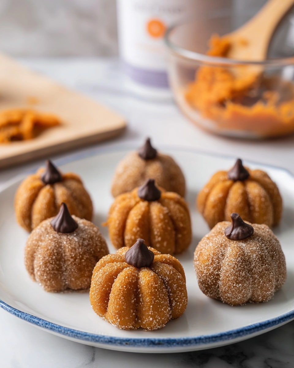 Six small pumpkin-shaped treats sit on a white plate with a blue rim. Each treat has a smooth orange-brown body with thin vertical grooves to resemble a pumpkin. Three of the treats are coated in a light sugar layer giving a grainy texture, while the other three have a smooth surface. On top of each treat is a small, dark brown chocolate chip acting as a pumpkin stem. The plate is on a white marbled surface, and in the blurred background, there is a clear bowl with leftover orange dough and a wooden spoon. photo taken with an iphone --ar 4:5 --v 7