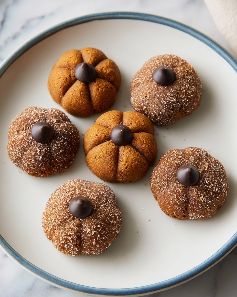 Six small pumpkin-shaped cookies are arranged on a white plate with a thin blue rim. Each cookie has a rich brown color and a smooth surface with six shallow grooves around the edges, giving them a pumpkin look. Three of the cookies are coated with sugar crystals, creating a sparkling sandy texture, while the other three are plain and smooth. Each cookie has a dark chocolate chip placed in the center on top, acting as the pumpkin's stem. The plate sits on a soft white marbled surface. photo taken with an iphone --ar 4:5 --v 7