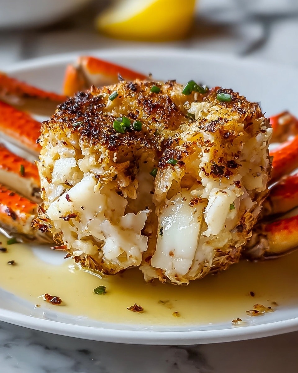 The image shows a close-up of four pieces of crab on a white plate, each with a golden-brown grilled crust on top seasoned with small green herb bits sprinkled over. The crab shells beneath the grilled layer are light orange and white, partly visible beneath the seasoned crust. The texture of the crab meat looks tender and juicy with a slightly crispy top, and the plate sits on a white marbled surface. photo taken with an iphone --ar 4:5 --v 7