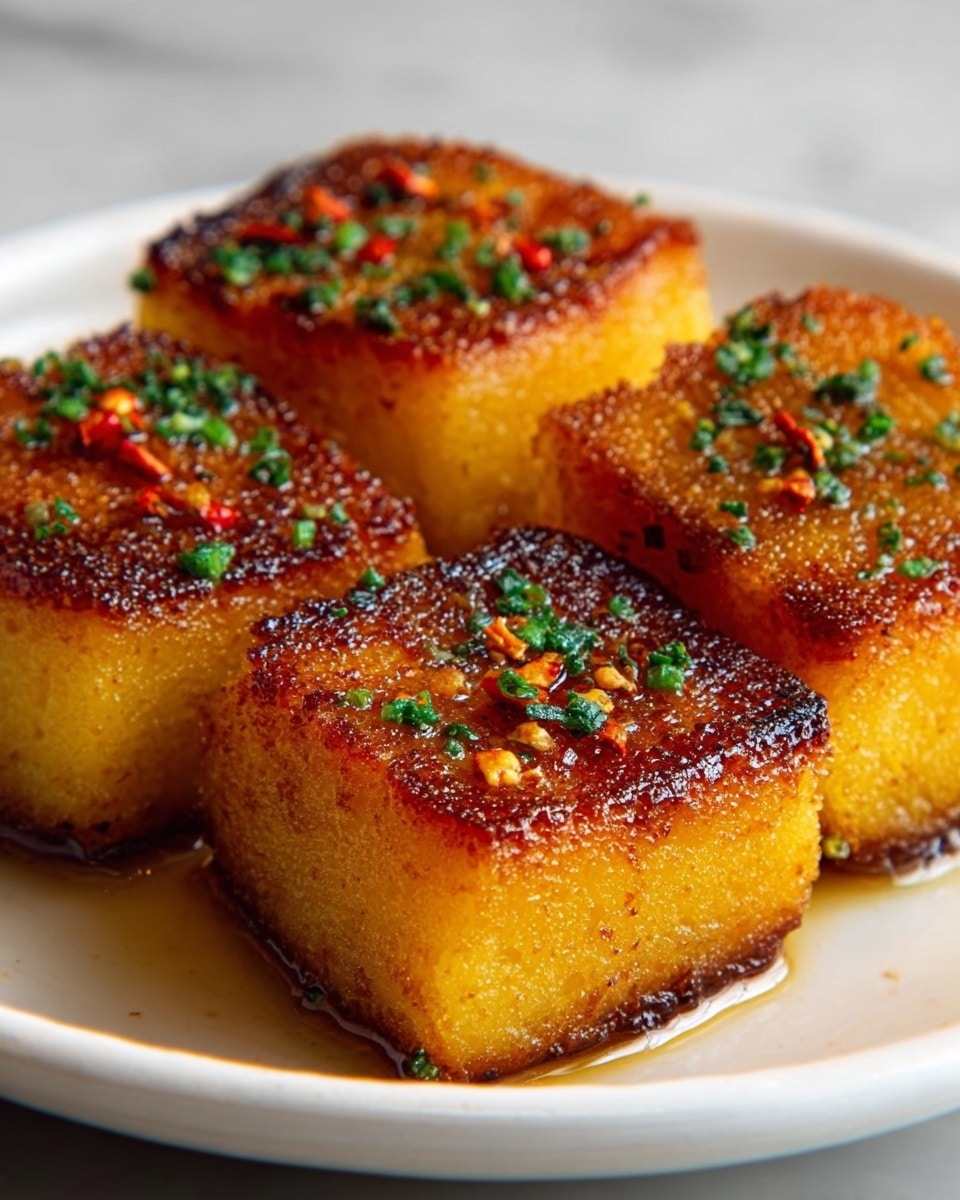 The image shows two thick, golden-brown cornbread poppers with a slightly crispy and textured surface, speckled with charred black spots. They are glistening with a light layer of honey butter. On top, small colorful pieces of red bell pepper, yellow corn, and green herbs are sprinkled, adding a fresh and vibrant contrast. The cornbread poppers rest closely together on a white plate, which sits on a white marbled surface. The close-up view highlights the warm, rich colors and moist texture of the poppers, making them look appetizing and fresh photo taken with an iphone --ar 4:5 --v 7