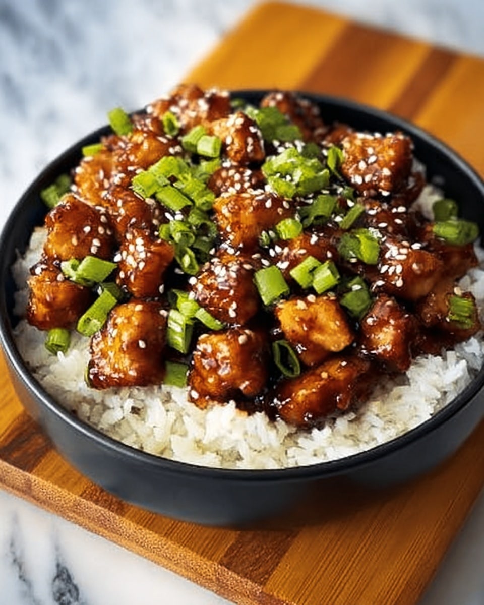 A black bowl filled with a base layer of white rice, topped with evenly spread small cubes of glazed, brown cooked chicken. The chicken pieces shine with a glossy sauce and are garnished with bright green chopped scallions and sprinkled with white sesame seeds. The bowl sits on a wooden board with a white marbled surface in the background. Photo taken with an iphone --ar 4:5 --v 7