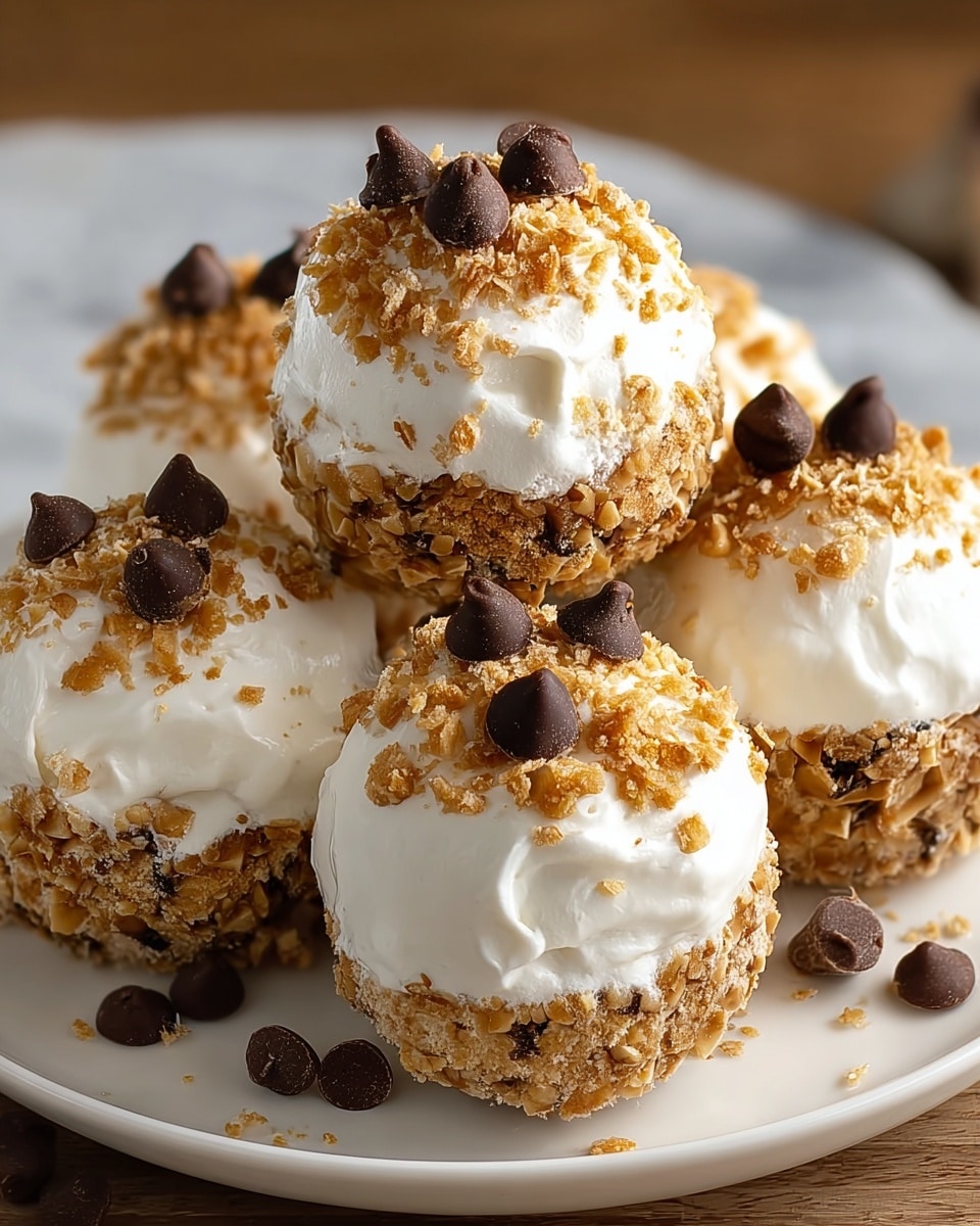 A white plate holds six small round treats, each with a textured light brown crumb layer as the base, followed by a thick middle layer of smooth white cream that looks fluffy and soft. The top layer is covered with more cream, sprinkled with golden crushed bits and decorated with several small, round, dark chocolate chips evenly placed on the cream. The treats are closely set together on a white marbled surface with a warm wooden blur in the background. photo taken with an iphone --ar 4:5 --v 7