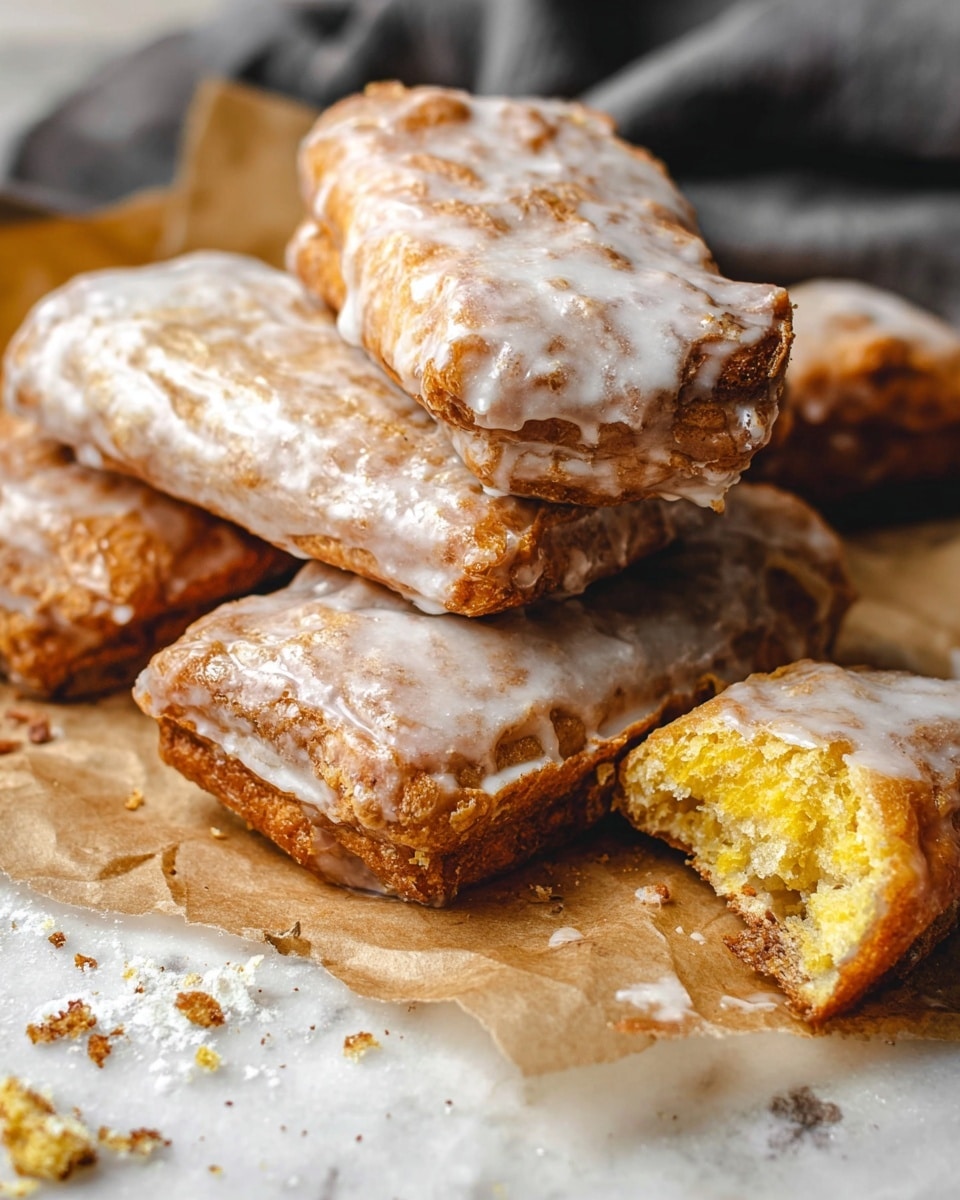 A close-up shows a pile of square-shaped fritters covered by a shiny light beige glaze coating with a slightly rough texture. On top, one fritter is broken in half, showing two soft, fluffy layers inside with a yellowish color and a moist crumb texture. The fritters rest on a white surface with a white marbled texture, highlighted by warm sunlight creating shadows and glossy reflections on the glaze. Photo taken with an iphone --ar 4:5 --v 7