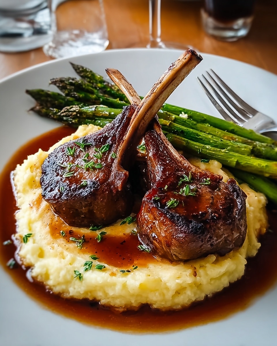 On a white plate with a white marbled texture background, there is a round base layer of creamy, light yellow mashed potatoes with a smooth texture. On top of the mashed potatoes, there are two thick, juicy lamb chops with brown, crispy edges and lightly charred bones crossing each other. The lamb chops glisten with a rich brown sauce that pools around the mashed potatoes, adding shine and depth. Behind the lamb chops, several bright green cooked asparagus spears are arranged neatly, adding a fresh pop of color. A silver fork rests on the right side of the plate, and the whole dish is garnished with small green herbs sprinkled on top. photo taken with an iphone --ar 4:5 --v 7