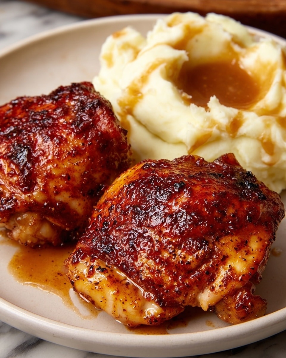 Two pieces of grilled chicken thighs with a dark red-brown crispy skin covered in a shiny glaze, sitting on a white plate near a creamy mound of mashed potatoes topped with brown gravy pooled in a small well on one side; the chicken pieces have a textured, slightly charred surface with visible spices, and the mashed potatoes are smooth with soft ridges and a light yellow tint in some spots, all on a white marbled surface photo taken with an iphone --ar 4:5 --v 7