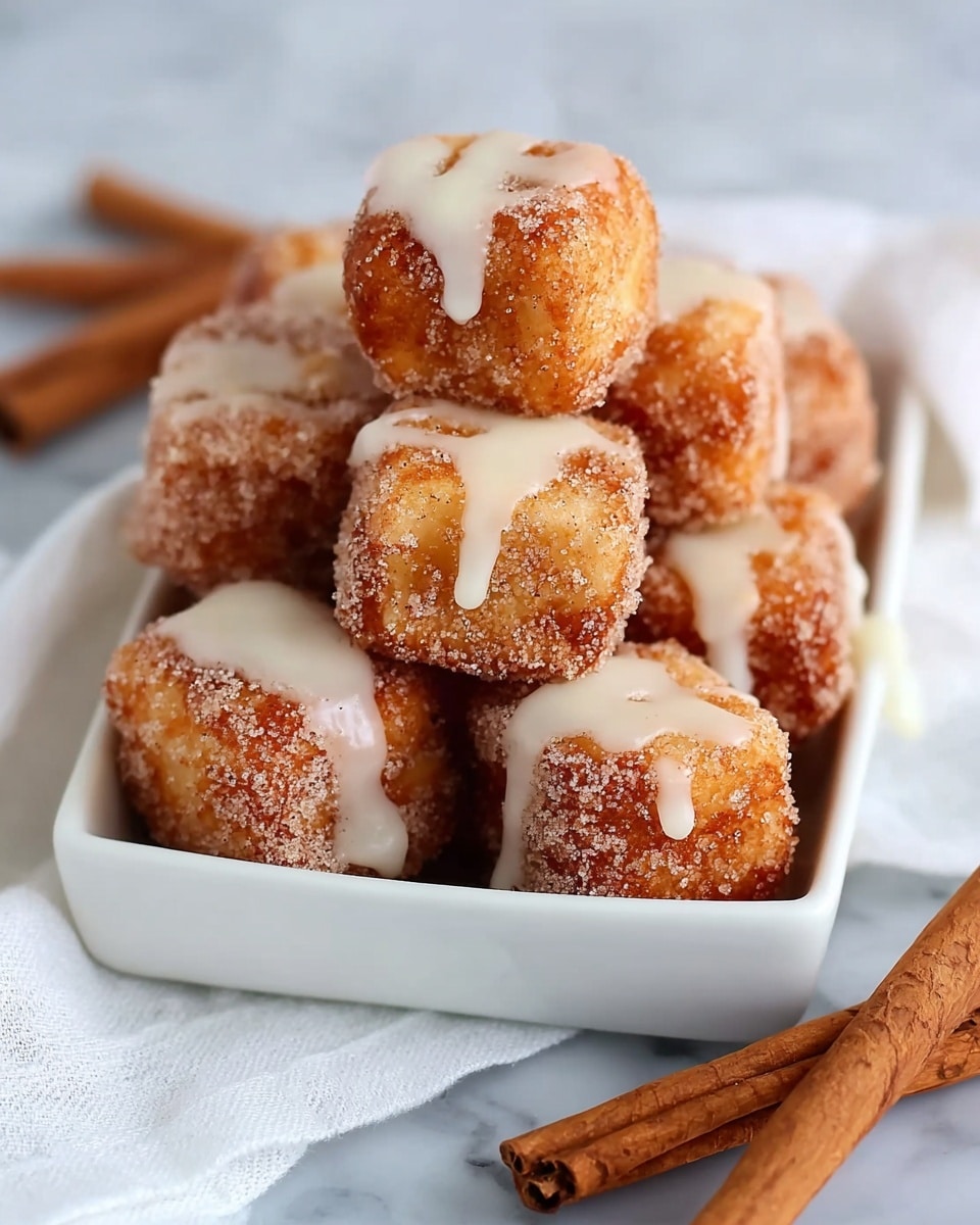 The image shows a white rectangular dish filled with small square bite-sized cinnamon sugar doughnuts. Each doughnut has a golden-brown, crunchy outer layer coated in granulated cinnamon sugar. A creamy white glaze lightly drips over the top and sides of some doughnuts, creating a smooth contrast to the crunchy texture. The doughnuts are stacked slightly unevenly, filling the dish, which sits on a white cloth on a white marbled surface. In the foreground, some cinnamon sticks lie on the surface, adding a warm brown color accent. Photo taken with an iphone --ar 4:5 --v 7