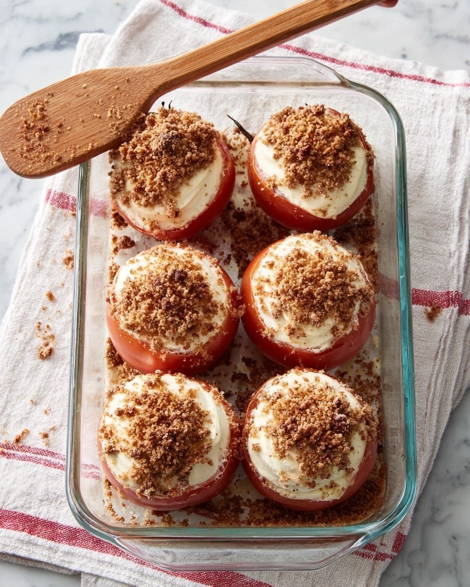 A clear glass rectangular baking dish holds six large round stuffed tomatoes arranged in two rows of three. Each tomato is filled with a creamy white topping that rises just above the rim, richly sprinkled with fine brown crumbs. The tomatoes' rich red skin contrasts with the smooth white topping and dark crumbs. A woman's hand holds a light wooden spatula resting across the dish’s top edge. The background is a white marbled surface with a white cloth featuring red stripes partially visible underneath. Photo taken with an iphone --ar 4:5 --v 7