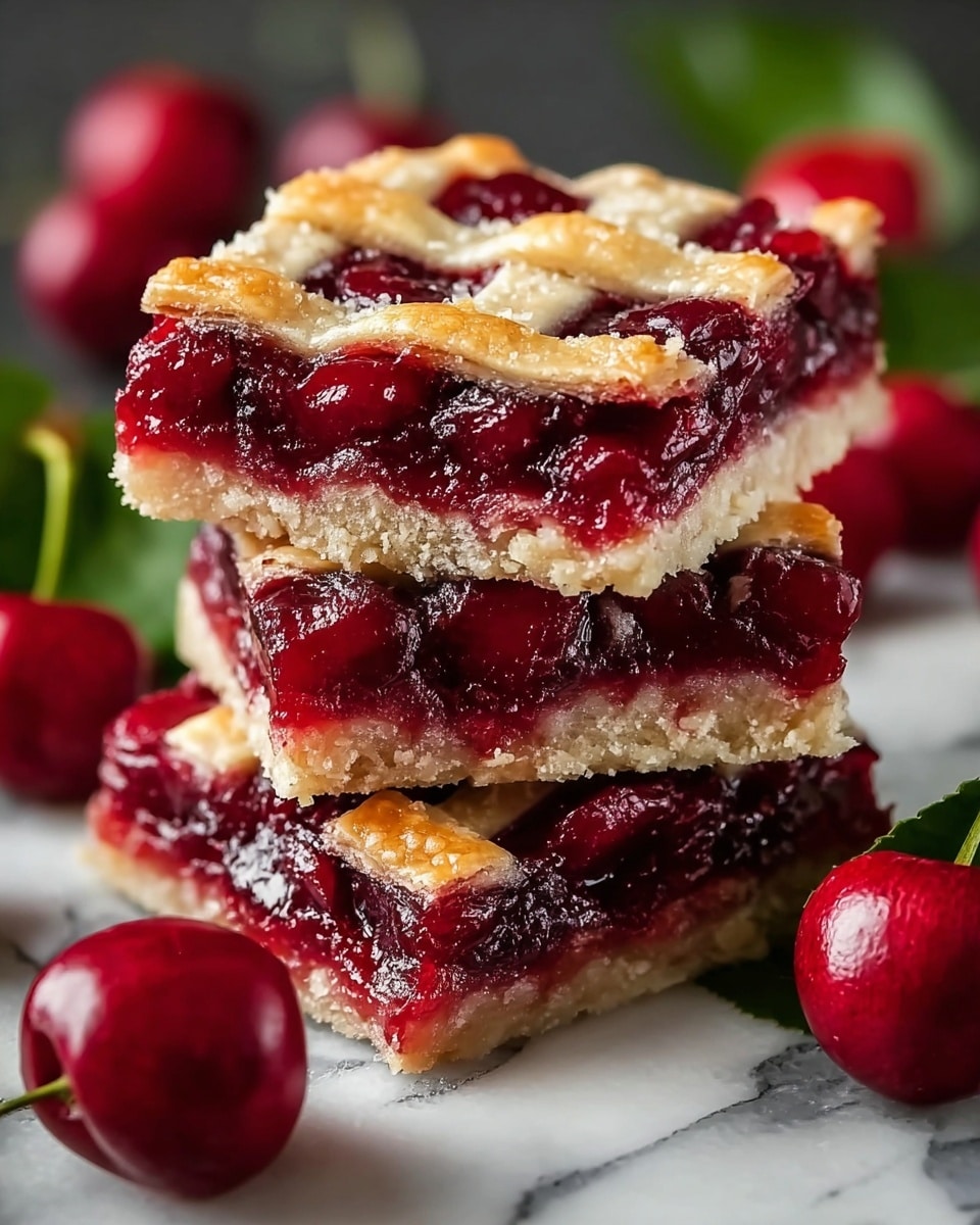 A stack of three cherry dessert bars is shown, each square piece having three layers. The bottom layer is thick and light golden with a crumbly texture. The middle layer is thick, glossy, and deep red, full of whole and crushed cherries with a shiny, juicy look. The top layer is a thin golden crust with a lattice pattern, slightly browned and flaky. The bars are surrounded by whole red cherries with green leaves, set on a white marbled surface. The photo taken with an iphone --ar 4:5 --v 7
