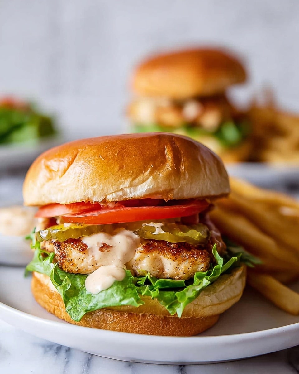 A close-up of a chicken sandwich on a white plate with fries on the side, set against a white marbled surface. The sandwich has four main layers: the bottom layer is a soft, slightly toasted bun; on top of that is a fresh green leaf of lettuce with bright red tomato slices above it; the third layer is a thick, grilled chicken breast with a golden-brown crust; above the chicken is a creamy sauce with some pickle slices, and the top layer is a shiny, golden bun slightly domed. Another similar sandwich is blurred in the background. photo taken with an iphone --ar 4:5 --v 7