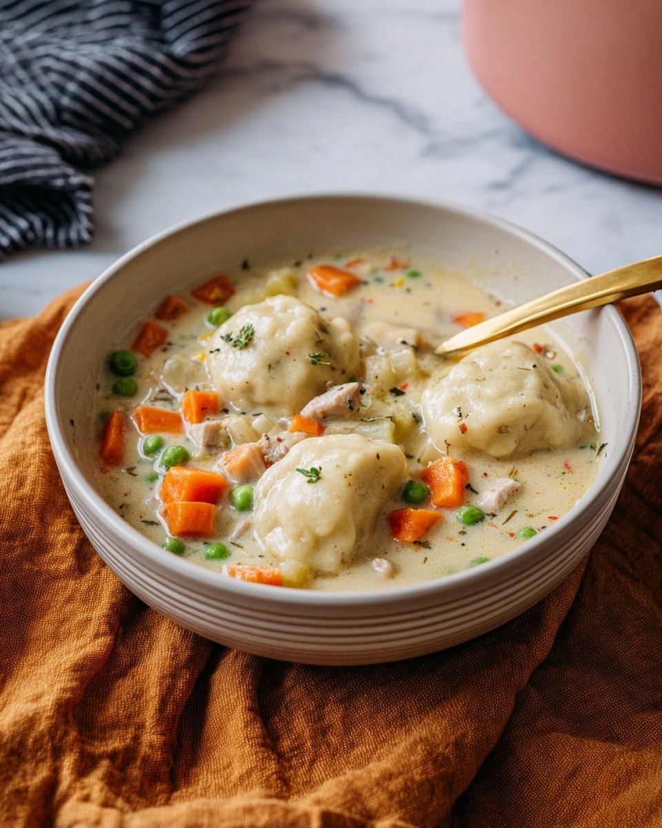 A white bowl with ridged sides holds a creamy soup filled with three large, pale beige dumplings floating near the surface. Mixed in the creamy broth are small, bright orange carrot cubes, green peas, and light green celery pieces, along with some chunks of tender meat. A gold spoon rests inside the bowl, partially submerged in the soup. The bowl sits on a crinkled burnt orange cloth, all placed on a white marbled surface with a blurred pink pot and a black and white striped cloth in the background. photo taken with an iphone --ar 4:5 --v 7