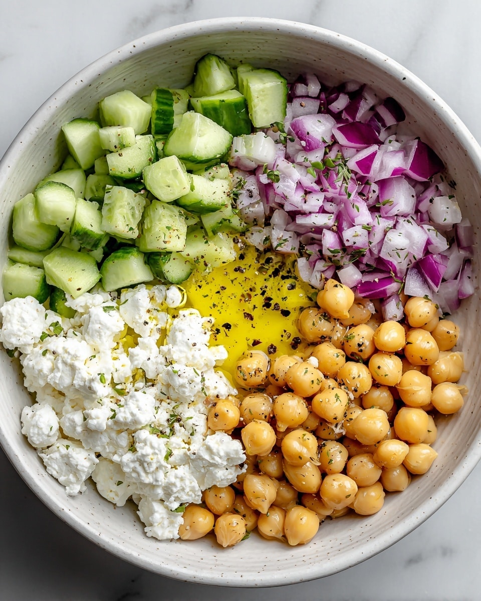 A white bowl filled with four main sections: light green chopped cucumbers with smooth edges at the top left and bottom right, golden beige chickpeas with a shiny, smooth texture in the middle, finely chopped purple and white onions at the top right, and creamy white cottage cheese with a soft, lumpy texture at the bottom left. The center of the bowl has a small pool of bright yellow olive oil, sprinkled with black pepper and small bits of green herbs. The bowl rests on a white marbled textured surface. photo taken with an iphone --ar 4:5 --v 7