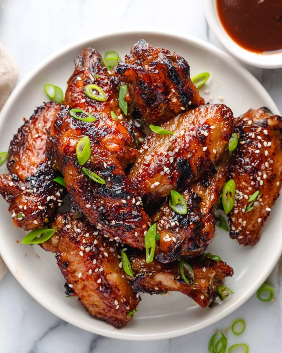A white plate filled with a stack of dark brown grilled chicken wings, each wing showing shiny caramelized skin with charred black spots. The wings are sprinkled with small white sesame seeds and garnished with sliced bright green scallions scattered on top. The plate is set on a white marbled surface, and a round white bowl with a dark brown sauce is partially visible in the upper right corner. Photo taken with an iphone --ar 4:5 --v 7