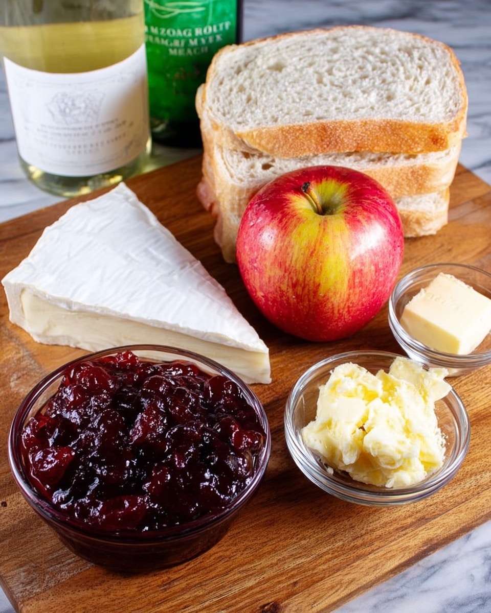 A grilled sandwich cut in half and stacked, each half showing three layers: the top and bottom are golden brown toasted bread with a slightly crispy texture, the middle layer has melted, creamy white cheese, and a thick spread of dark red, glossy berry jam with visible fruit chunks. The sandwich rests on a white plate with a sprig of fresh green thyme and two shiny red cranberries placed nearby, all set on a white marbled surface. photo taken with an iphone --ar 4:5 --v 7
