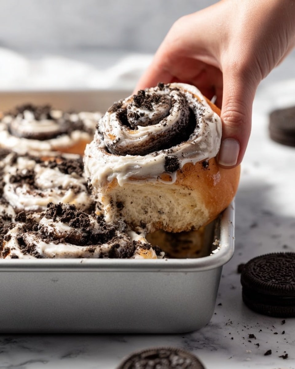 A single cinnamon roll with creamy white icing sits on a white plate, showing its soft, swirled layers filled with a dark, rich cinnamon and chocolate mixture. The texture of the roll is fluffy and moist with melted chocolate chunks visible in the layers. Around the plate, there are small bits of chocolate and Oreo cookie crumbs scattered on the white marbled surface. A silver fork rests on the plate with a woman's hand gently holding it, ready to take a bite. In the background, a slightly blurred pink cloth adds a soft color contrast. Photo taken with an iphone --ar 4:5 --v 7