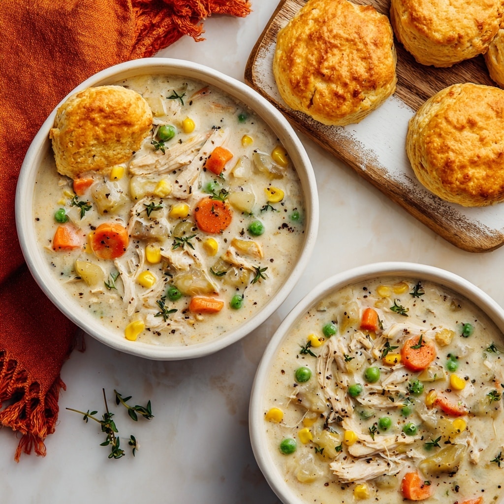 A white bowl filled with creamy chicken pot pie soup that has visible chunks of shredded white chicken, orange carrot cubes, green peas, yellow corn, and light yellow potato pieces, all mixed in a thick white broth with specks of black pepper and garnished with small green herb sprigs. On the left side of the bowl, a golden-brown biscuit is placed partially over the soup. Around the bowl, there is a white marbled surface with a white wooden board holding more golden biscuits, and an orange fringed cloth is partially visible on the top left side. Photo taken with an iphone --ar 4:5 --v 7