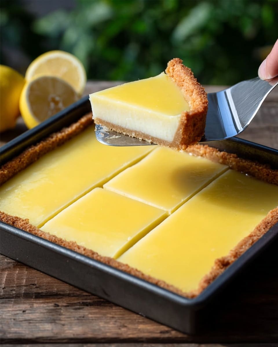 The image shows a thick square cheesecake slice cut out from the larger cake, placed on a wooden surface. The cake has three layers: a bottom crumbly golden-brown crust, a thick creamy white middle layer that looks soft and smooth, and a slightly thinner bright yellow top layer with a glossy, slightly textured surface. The edges of the crust are high and have a soft crumbly texture, framing the cake perfectly. The background is softly blurred with dark green shades, highlighting the cake as the main focus. photo taken with an iphone --ar 4:5 --v 7