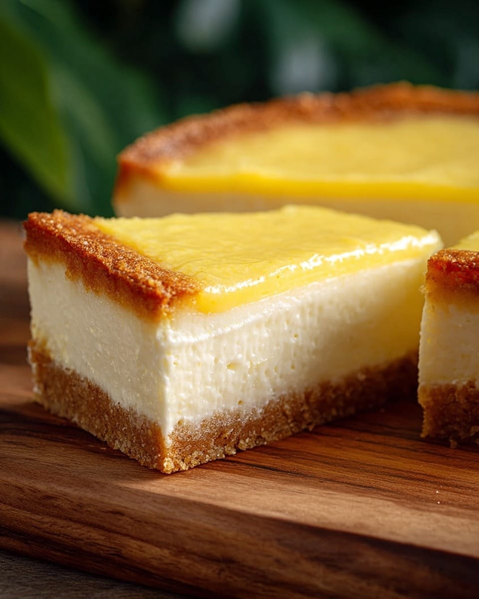 A square lemon tart is shown in a dark metal pan, with three slices cut out and one slice being lifted by a shiny metal spatula held by a woman's hand. The tart has two layers: a thick, smooth, bright yellow lemon filling on top, and a golden-brown crumbly crust around the edges and bottom. The crust looks firm and slightly rough, while the top layer is glossy and creamy. The pan rests on a wooden surface with green plants blurred in the background. Photo taken with an iphone --ar 4:5 --v 7