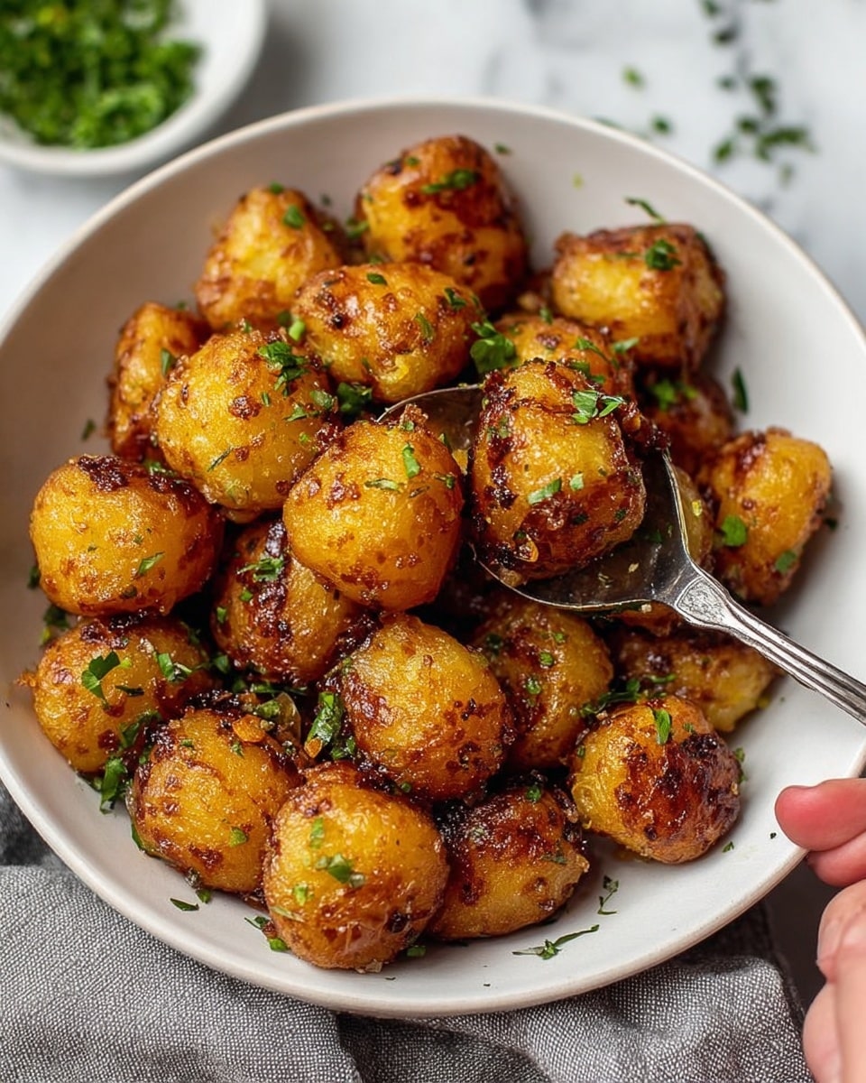 The image shows a white bowl filled with golden-brown roasted baby potatoes that have a crispy texture with small bits of herbs sprinkled on top, mainly green parsley. One potato is cut open with a fork, revealing a soft, yellow inside. The potatoes look shiny with a light coating of oil or butter. The background surface is a white marbled texture. photo taken with an iphone --ar 4:5 --v 7