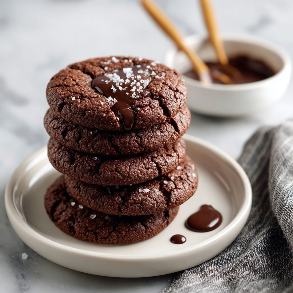 A stack of five thick, dark brown chocolate cookies sits on a dark surface with a white marbled texture behind, with the top cookie broken open to reveal a rich, glossy chocolate filling oozing out, two whole cookies next to the stack also showing some melted chocolate and coarse salt on top, and a blurred glass bottle of milk and an open book in the background. Photo taken with an iphone --ar 4:5 --v 7