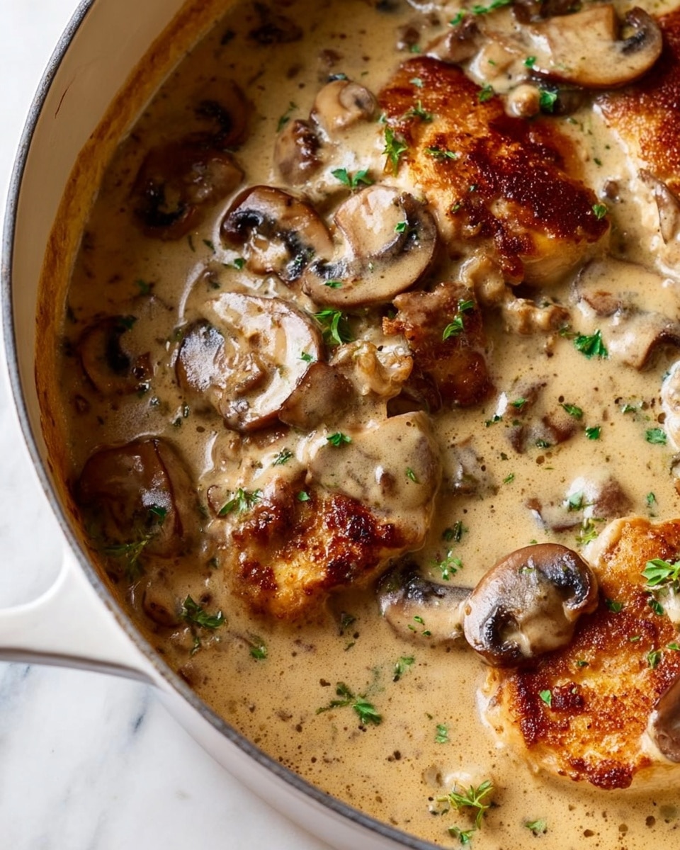 A large white pot filled with six golden-brown chicken breasts slightly overlapping and covered in a creamy beige mushroom sauce. Sliced mushrooms are scattered on top and within the sauce, with small green herb pieces sprinkled over the dish for color. A silver spoon rests in the pot on the right side. The pot sits on a white marbled surface with sprigs of fresh herbs next to it, and a light beige cloth partially visible under the pot's handle. photo taken with an iphone --ar 4:5 --v 7