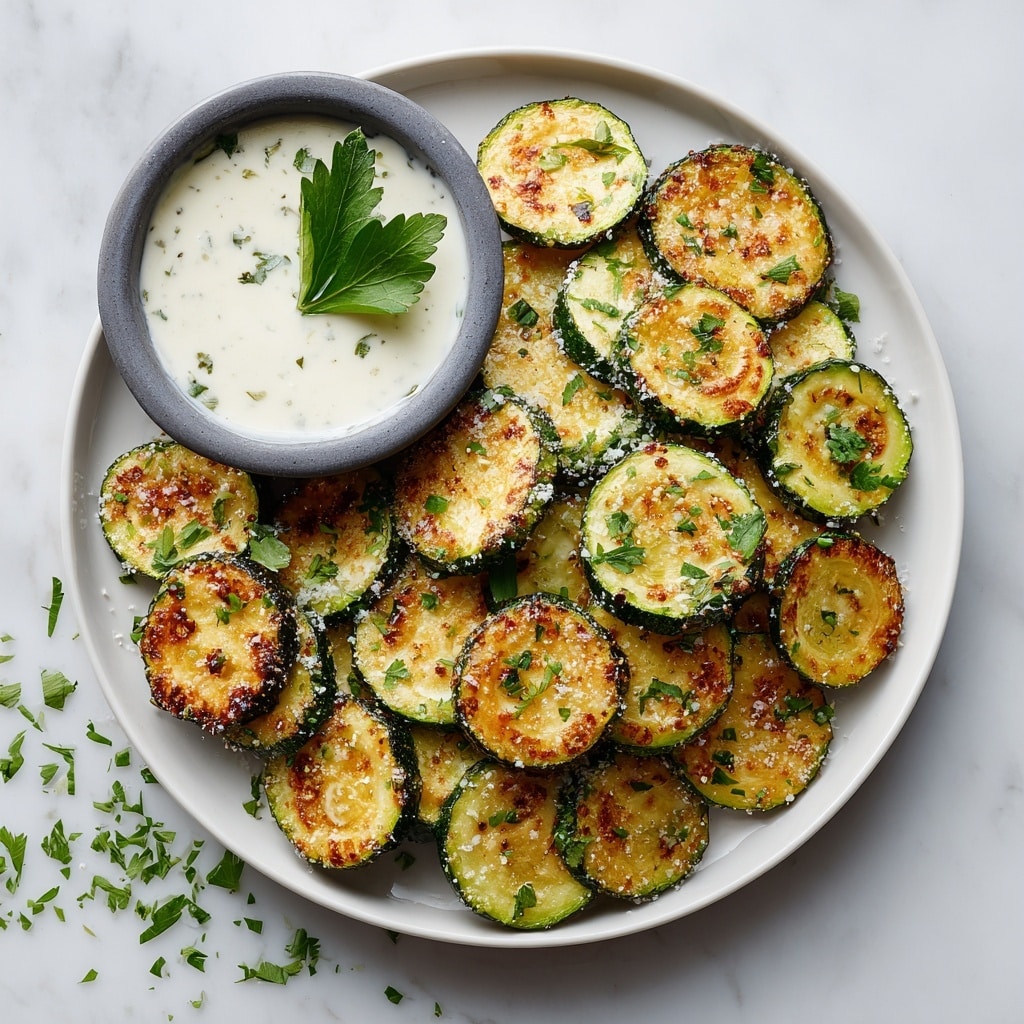 A white plate filled with two layers of toasted zucchini slices, each slice light green with darker green edges and a slightly golden brown center, sprinkled with coarse salt and small green herb bits; to the top left of the plate sits a small gray bowl filled with white creamy sauce topped with a fresh green parsley leaf, all placed on a white marbled surface with scattered green herb pieces around. photo taken with an iphone --ar 4:5 --v 7