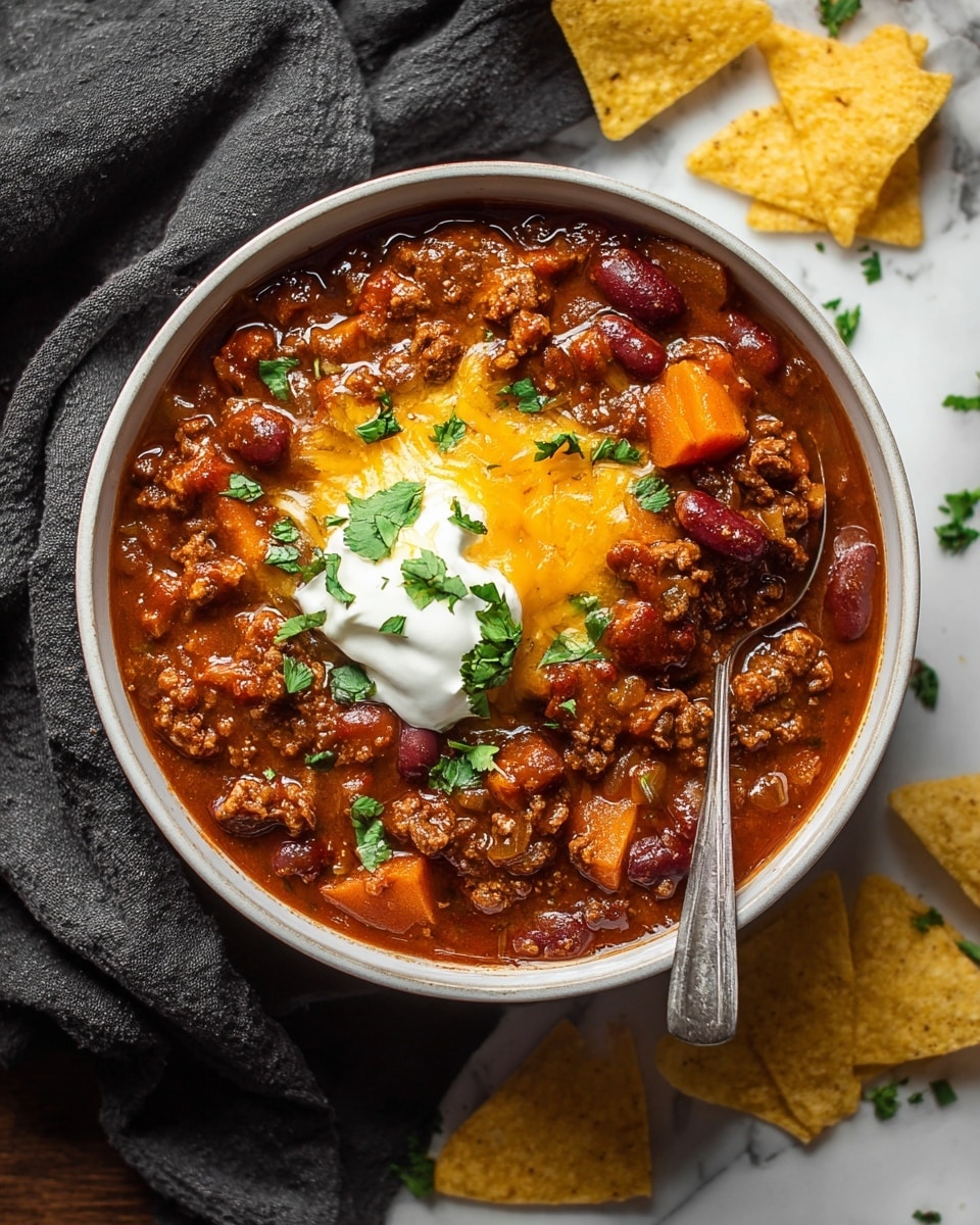A large blue pot filled with a thick chili made of browned ground meat, black beans, yellow corn, and diced red tomatoes all mixed in a rich, red sauce, topped with a handful of fresh chopped green cilantro leaves in the center, and a wooden spoon resting inside the pot on the right side; the background shows a white marbled texture with two small wooden bowls holding black pepper and salt, and a small bunch of cilantro on the left side. photo taken with an iphone --ar 4:5 --v 7