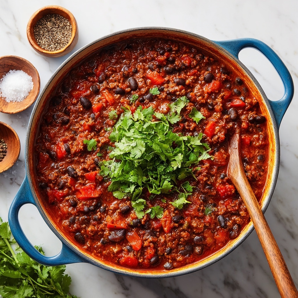 A white bowl filled with thick chili showing a mix of dark red kidney beans, finely chopped brown cooked meat, and orange chunks of vegetables, all in a rich reddish-brown sauce. On top of the chili, there is a layer of melted yellow cheese, a dollop of white sour cream placed in the center, and green chopped cilantro sprinkled over everything. A silver spoon rests inside the bowl, and around the bowl are scattered yellow tortilla chips on a white marbled surface, with a dark gray cloth partly visible on the left side. Photo taken with an iphone --ar 4:5 --v 7