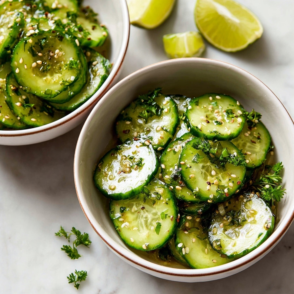A bowl filled with round, bright green cucumber slices that show a shiny, wet texture, lightly coated with oil or dressing. The cucumbers are layered in the bowl, with some slices overlapping and showing bits of black pepper and sesame seeds scattered on top. There are also small green parsley leaves spread across the surface, adding color contrast. The bowl is white with a slight brown rim, sitting on a white marbled surface. The background is softly blurred with hints of halved limes and fresh herbs. Photo taken with an iphone --ar 4:5 --v 7