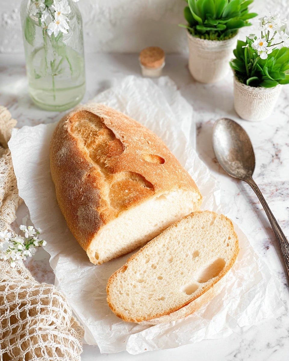 A loaf of bread with a golden brown crust is being held by a woman's hand from both sides, showing its oval shape and three circular patterns on top where the crust is slightly cracked, revealing a soft, light interior. The bread texture looks fluffy inside while crispy outside, resting over a white marbled surface with a white cloth and some greenery nearby. Photo taken with an iphone --ar 4:5 --v 7