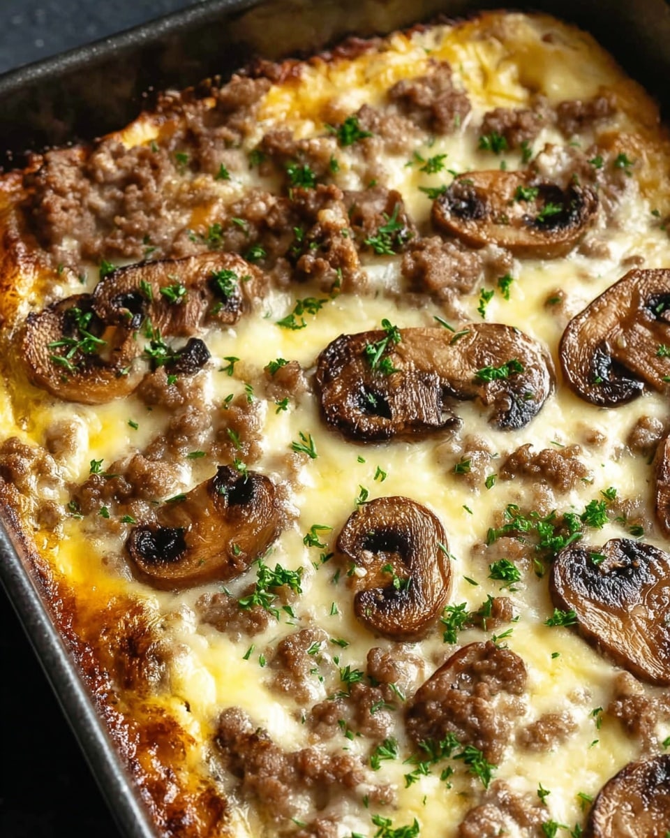 The dish is a baked casserole in a rectangular black pan with three visible layers: the base layer is melted cheese showing a smooth, creamy yellow color; the middle layer consists of cooked ground meat with a chunky texture and brown color; the top layer is made of sliced mushrooms, browned and slightly glossy, scattered evenly, with small green herbs sprinkled throughout for color contrast. The edges of the cheese layer are golden and crispy. The photo taken with an iphone --ar 4:5 --v 7