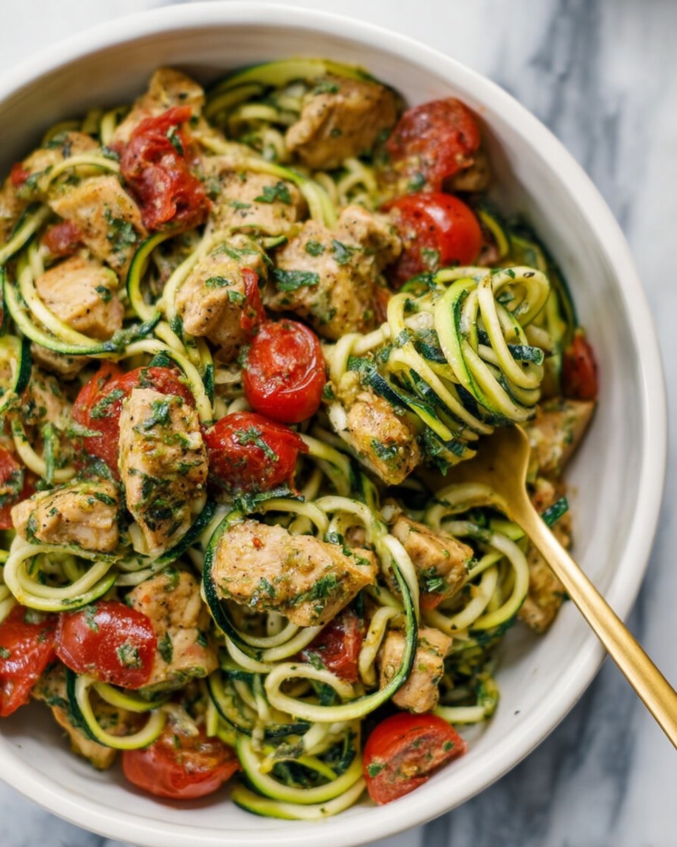 A white bowl filled with three main layers: the bottom layer has green zucchini noodles that are spiral-shaped, thin, and slightly shiny; the middle layer contains small, irregular chunks of light brown chicken coated in a green herb sauce; the top layer features bright red cherry tomatoes, some whole and some slightly cooked and wrinkled, mixed throughout the dish. A gold fork is visible inside the bowl, holding a mix of zucchini noodles, chicken, and tomato pieces. The background shows a white marbled surface and a blurred white and dark blue striped cloth. Photo taken with an iphone --ar 4:5 --v 7