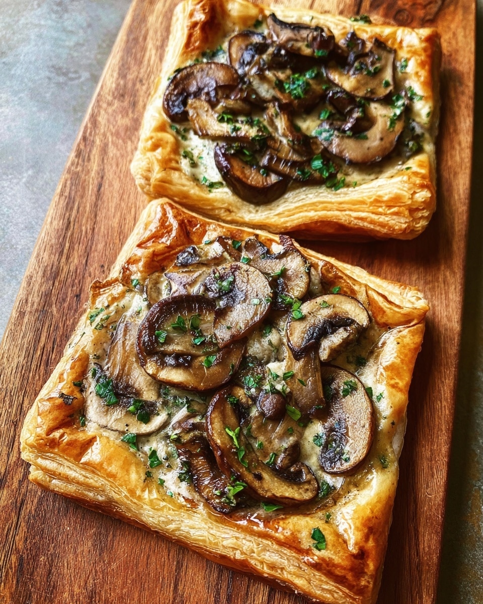 The image shows five small square-shaped puff pastries on a wooden board, each with a golden-brown, flaky crust forming a raised edge. Inside the crust, there is a creamy beige mushroom mixture topped with sliced sautéed mushrooms and small green herb pieces, giving a textured look with some shiny and soft parts. The pastries are arranged close to each other, showing their puffiness and varying shapes with slightly folded corners. The scene is set on a white marbled surface photo taken with an iphone --ar 4:5 --v 7
