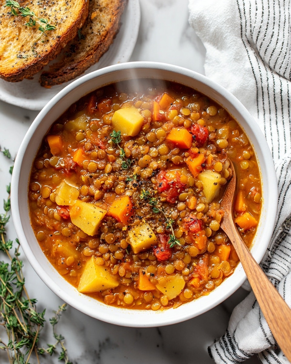 A large white pot with red handles filled with thick lentil soup, showing several layers of small brown lentils, orange carrot cubes, yellow potato pieces, and chopped green herbs scattered on top; a metal spoon is partially submerged in the soup on the right side. The pot sits on a white marbled surface with a beige onion, garlic, and a white linen cloth with black stripes on the left, a piece of crusty bread on the upper right, a small bowl of lentils on the bottom right, and some green herbs. photo taken with an iphone --ar 4:5 --v 7
