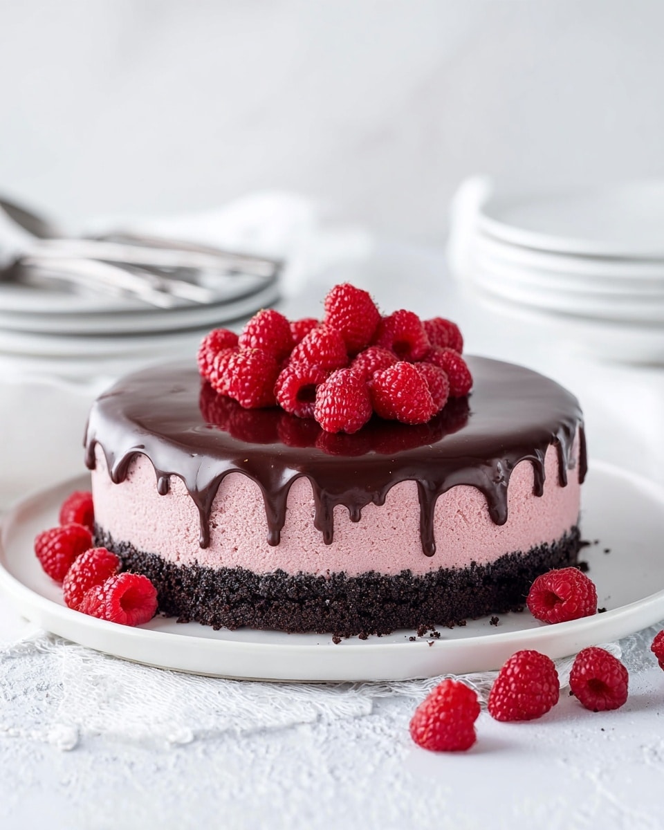 The image shows a three-layer round cake on a white plate with a white marbled texture underneath. The bottom layer is a dark crumbly crust, almost black, the middle layer is a smooth, pinkish-mauve mousse-like cake, and the top layer is a shiny, dark chocolate glaze dripping down the sides. There is a small heap of fresh red raspberries placed on top in the center, with more raspberries scattered around the plate. The background is softly blurred with white plates and forks visible nearby. Photo taken with an iphone --ar 4:5 --v 7