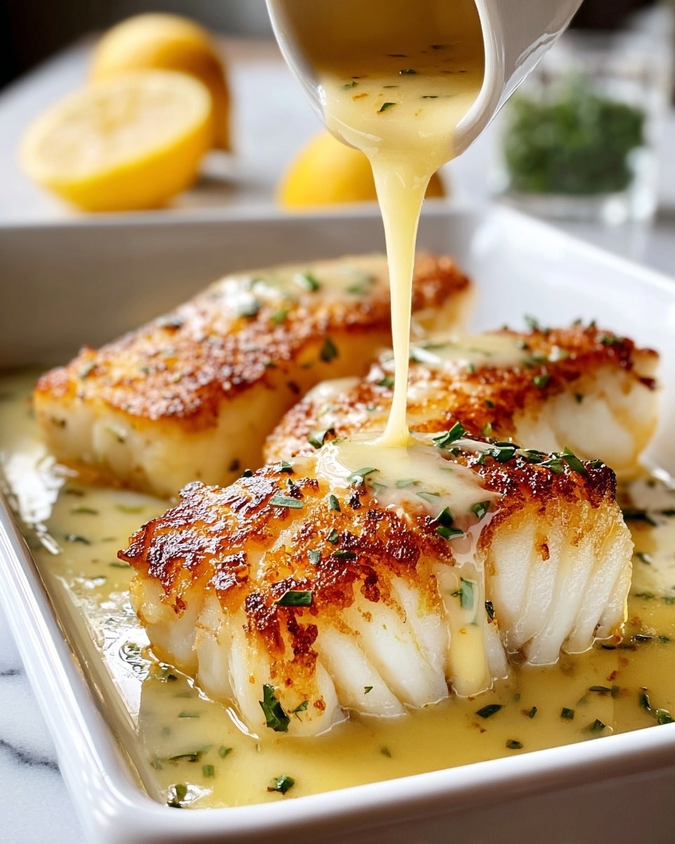 Three pieces of golden brown seared fish fillets with crisp edges are placed side by side in a white rectangular dish. Each fillet shows white flaky layers beneath the browned crust. A creamy yellow sauce with small green herb bits is being poured over the fish, covering the top and pooling around the base. The sauce glistens, contrasting with the textured surface of the fish. The background is softly blurred but shows some lemon wedges and a glass with green leaves on a white marbled surface. photo taken with an iphone --ar 4:5 --v 7