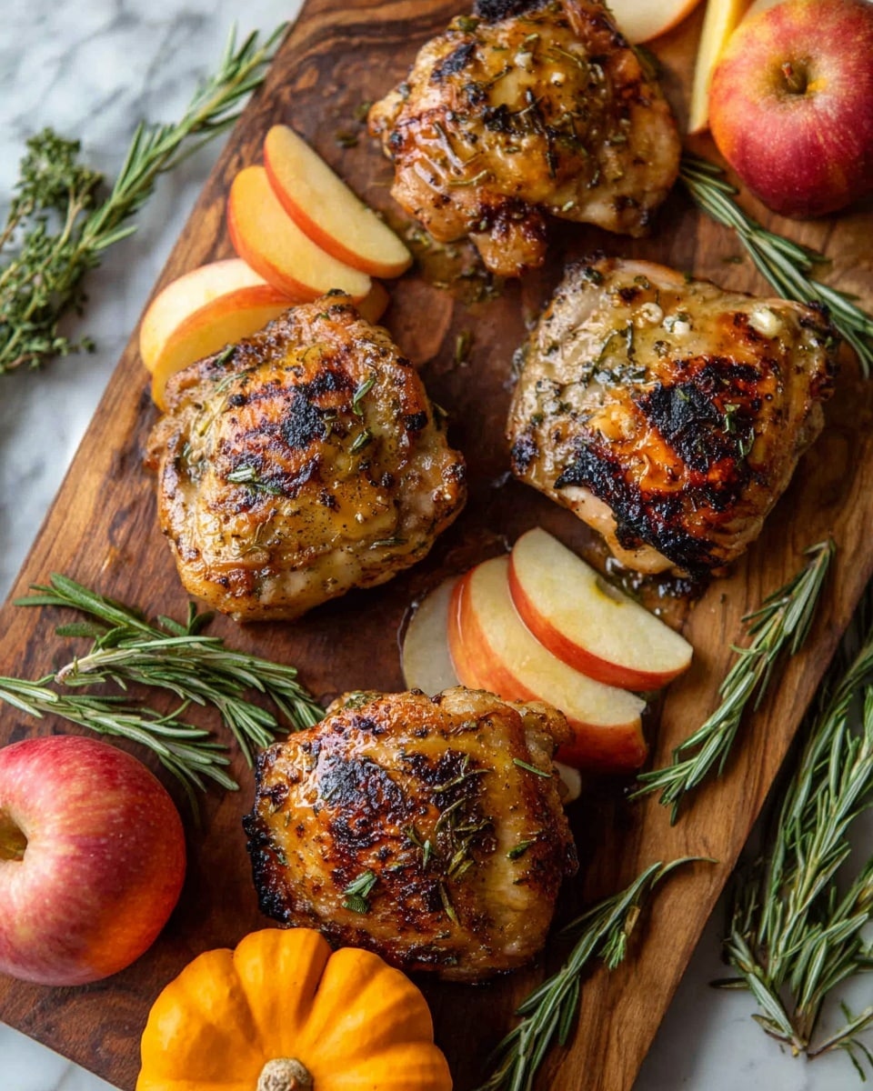 This image shows a rustic wooden board topped with four grilled chicken thighs, each with a golden-brown, slightly charred skin and speckled with herbs and spices, and a light sauce drizzled on top. Around the chicken pieces are slices and wedges of red and yellow apples, adding bright red and yellow colors with smooth skin and juicy texture. Fresh green rosemary sprigs are placed both on the chicken and scattered around for decoration. In the lower part, there is a small round orange pumpkin with a rough texture, and a whole apple is seen nearby. The background is a white marbled surface. photo taken with an iphone --ar 4:5 --v 7