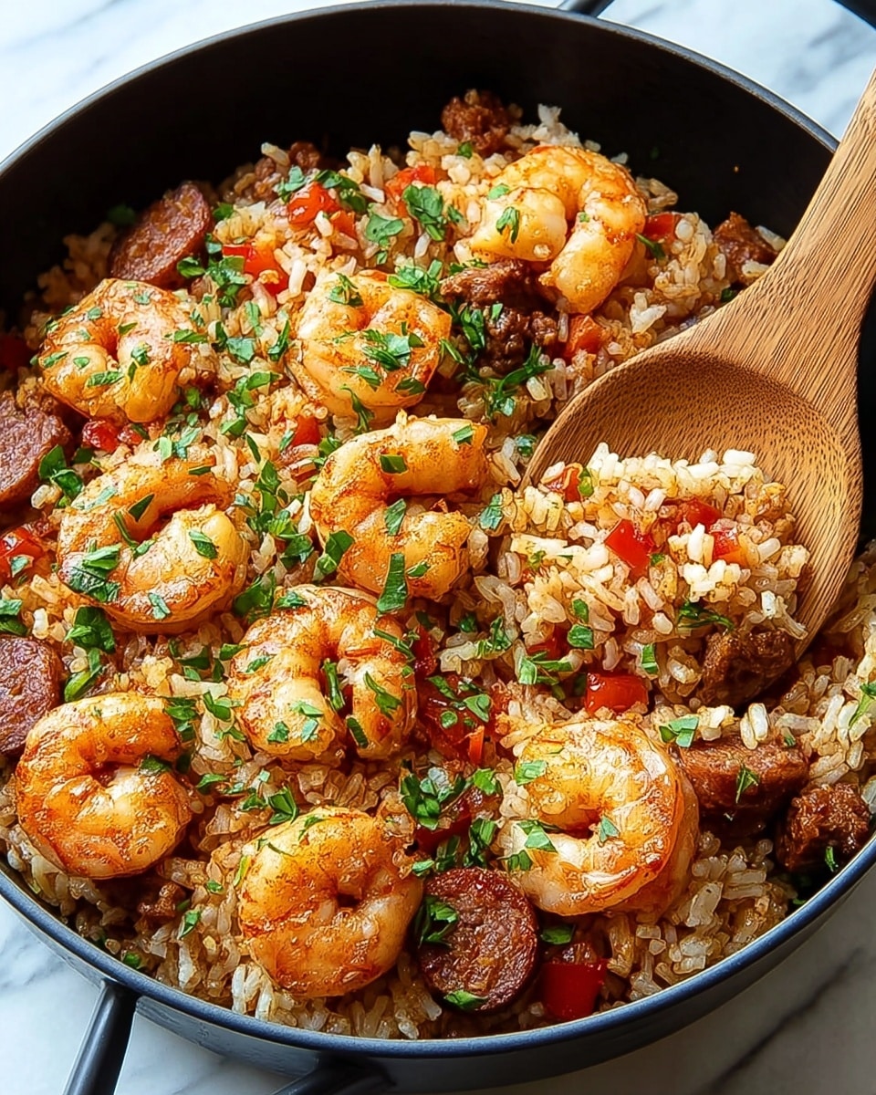 A white bowl is filled with a colorful dish consisting of three main layers: the base is a mix of cooked rice and small diced green and red bell peppers that create a vibrant texture, scattered throughout are browned sausage slices forming the second layer, and on top, plump, slightly charred shrimp sit evenly spread, all garnished with finely chopped fresh green herbs and small green onion pieces. The whole dish has a warm, seasoned look with a mix of light brown rice grains and the bright colors from the vegetables and meats. The bowl sits on a white marbled texture. photo taken with an iphone --ar 4:5 --v 7
