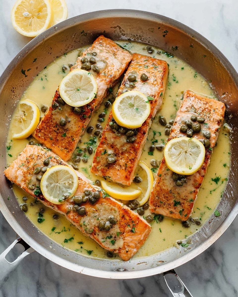 A white shallow dish holds four rectangular pieces of cooked salmon, each covered with a light green sauce that looks creamy and glossy. The sauce contains dark green herbs and small capers scattered on top, adding texture and color contrast. The pink-orange salmon has a moist, flaky texture visible where a silver fork rests and lifts a piece on the front side. The dish sits on a white marbled surface, next to a white bowl filled with lemon wedges. Photo taken with an iphone --ar 4:5 --v 7