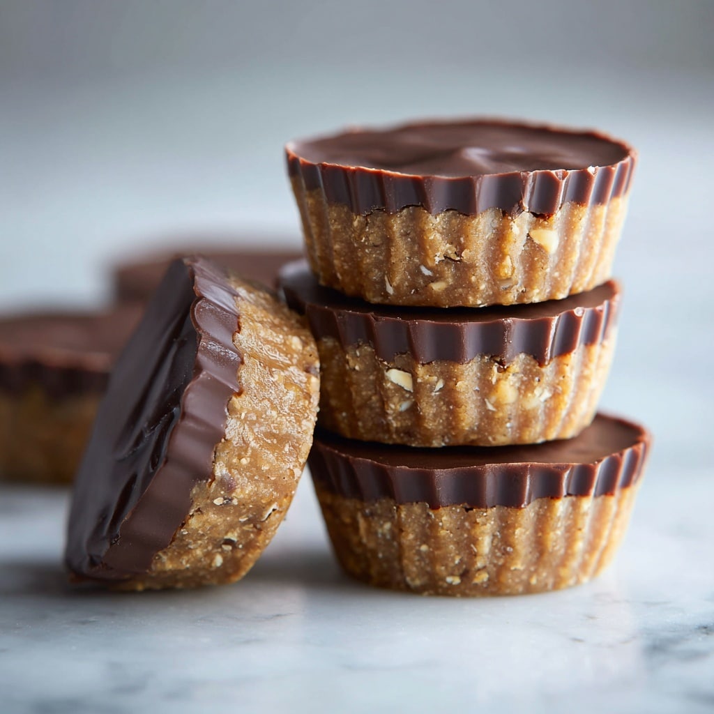 The image shows two small chocolate and peanut butter cups stacked on a white marbled surface. The bottom cup is whole, with smooth, dark chocolate walls and a slightly shiny finish, forming vertical ridges around its edges. The top cup is cut in half, revealing two layers: the bottom layer is a light brown, chunky peanut butter mixture with visible oat pieces, and the top layer is a firm, glossy dark chocolate shell. The top edges of the chocolate layer appear uneven and slightly rough. The background is softly blurred, showing a kitchen setting with light coming through a window. Photo taken with an iphone --ar 4:5 --v 7
