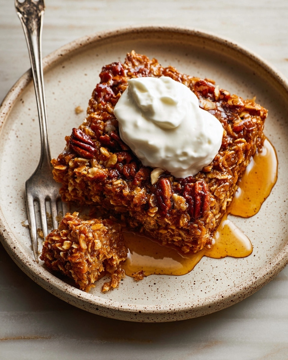 A single thick square of golden-brown baked oatmeal sits on a white plate, showing a rough texture with visible oats and bits of nuts throughout. On top, there is a dollop of white whipped cream sprinkled with small pieces of chopped pecans and a light dusting of cinnamon. Golden syrup is being poured over the whipped cream, creating a glossy amber splash that drips down onto the oatmeal. The plate rests on a white marbled surface, with a blurred second plate of oatmeal in the background. photo taken with an iphone --ar 4:5 --v 7