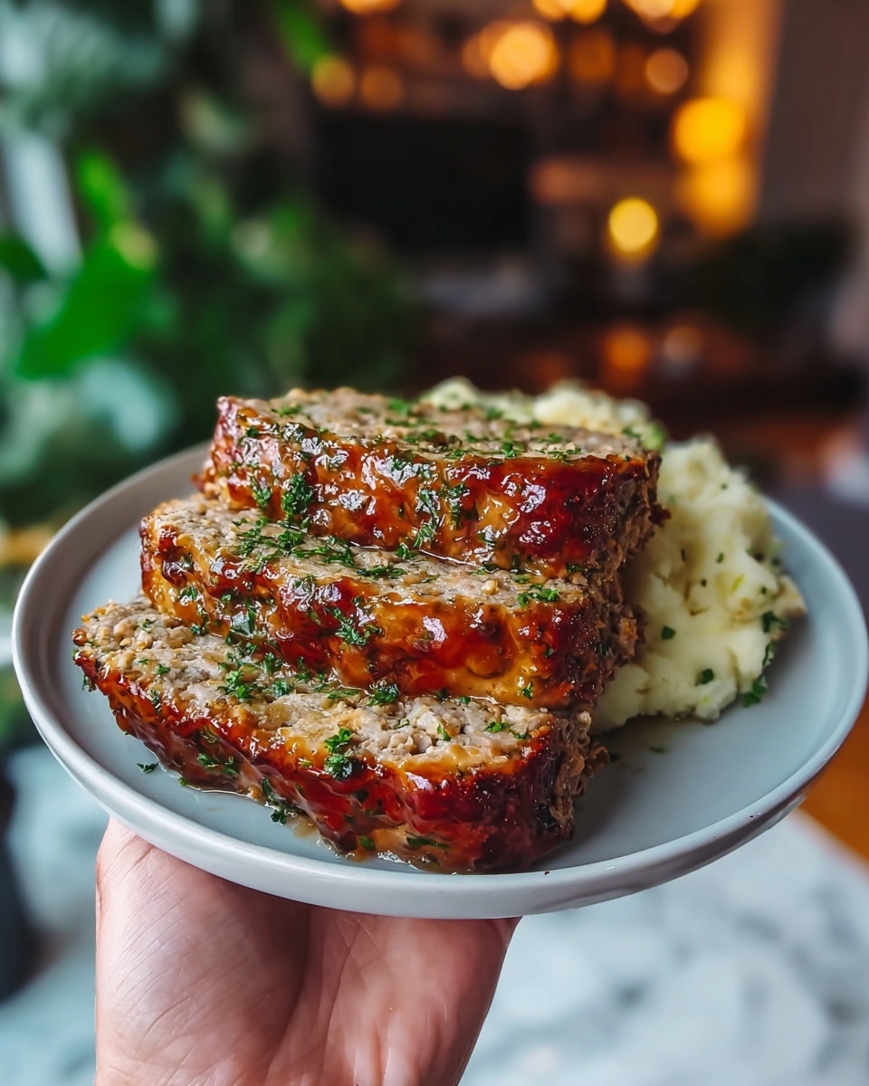 A rectangular meatloaf with a golden brown, slightly crispy top layer speckled with green herbs is cut into four thick slices. The inside is light brown with visible green pieces of herbs mixed throughout. The meatloaf sits on a bed of smooth, creamy white mashed potatoes, slightly peeking out from under the meatloaf at the bottom left. A small pool of glossy, light brown sauce with chopped green herbs surrounds the meatloaf on the white plate. In the background, there is a blurred small white bowl with yellow sauce and some green garnish on a white marbled texture surface. Photo taken with an iphone --ar 4:5 --v 7