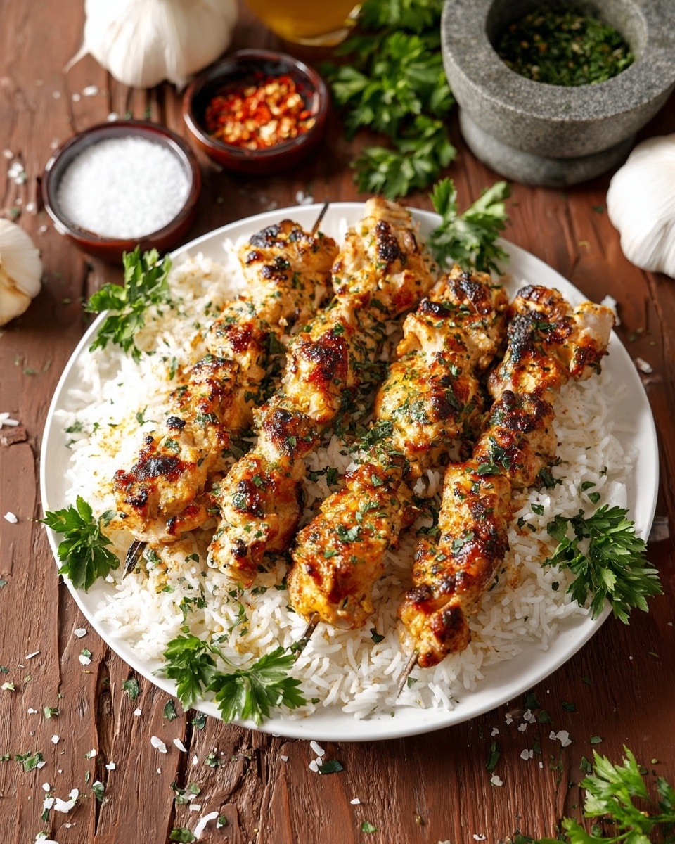 The image shows four grilled chicken skewers placed closely on a white plate. Each skewer has several pieces of chicken with a golden-brown, slightly charred texture, showing grill marks that add a rustic look. The chicken pieces have a sprinkling of small green herbs and some crushed crumbs or spices on top, giving a speckled appearance. The plate is set on a white marbled surface, creating a clean and bright background. Photo taken with an iphone --ar 4:5 --v 7