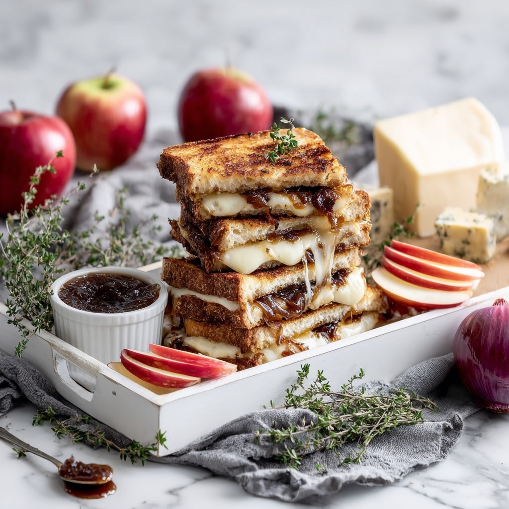 The image shows two halves of a grilled cheese sandwich on a white rectangular tray, stacked slightly to show the melted cheese and dark caramelized onion inside. The sandwiches have a golden-brown crust with a slightly crispy texture. There are several slices of red apple arranged around the tray, with some resting on the tray and one slice leaning against the sandwich. A small white cup with a dark, thick chutney or sauce sits near the sandwich, with a spoon beside it and a small dollop on the tray. Around the tray, there are whole red apples, two blocks of cheese in packaging, a red onion with a loose outer skin, and sprigs of green thyme. The tray is placed on a gray cloth on a white marbled surface. The image displays natural light with soft shadows and a clean look, photo taken with an iphone --ar 4:5 --v 7