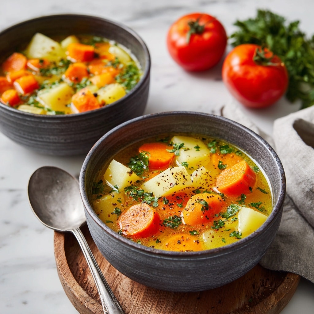 A white bowl filled with clear vegetable soup showing bright orange carrot chunks, pale yellow potato cubes, and light green celery pieces, all floating in a warm, brownish broth. On top, fresh dark green parsley leaves add color, with small black pepper specks lightly scattered over the soup surface. The bowl sits on a soft grey cloth with a blurred white marbled background, creating a cozy and fresh look. photo taken with an iphone --ar 4:5 --v 7