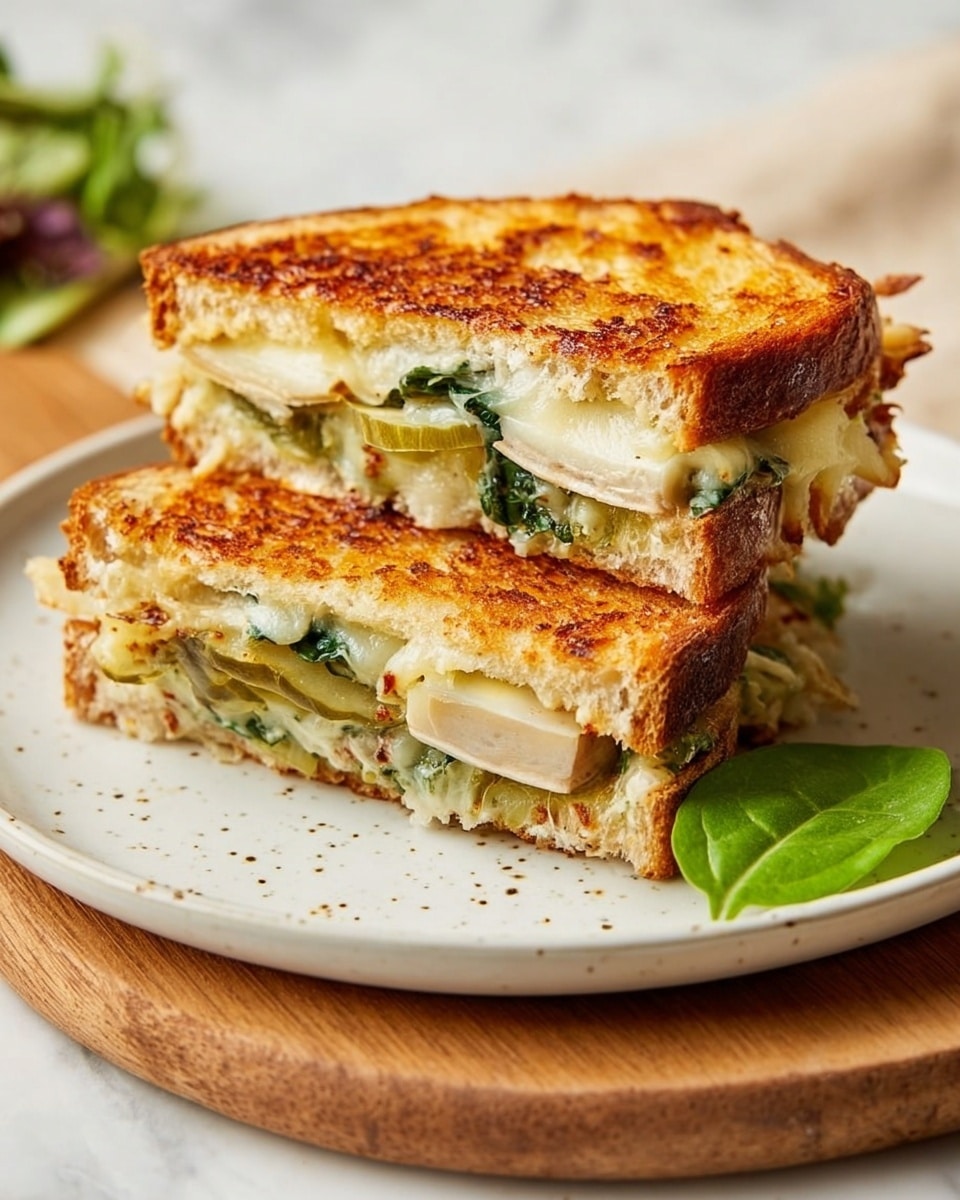 The image shows a toasted sandwich cut in half on a white speckled plate, placed on a wooden board with a white marbled surface in the background. The sandwich has three visible layers: the top golden-brown toasted bread with melted cheese, a middle layer of green leafy arugula and some pickles, and a bottom layer with slices of pale cheese and a spread of grainy mustard on another slice of toasted bread. Next to the sandwich halves are a few pickles and some arugula leaves scattered around. In the background, there is a bowl filled with fresh arugula and a red and yellow apple. Photo taken with an iphone --ar 4:5 --v 7